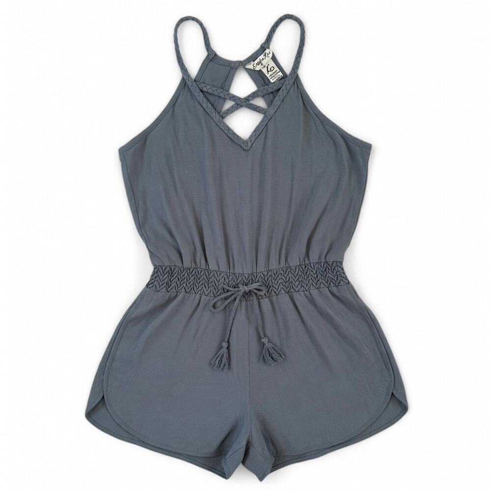 Indigo Rein Women's Large V-Neck Sleeveless Drawstring Romper Braided Detail